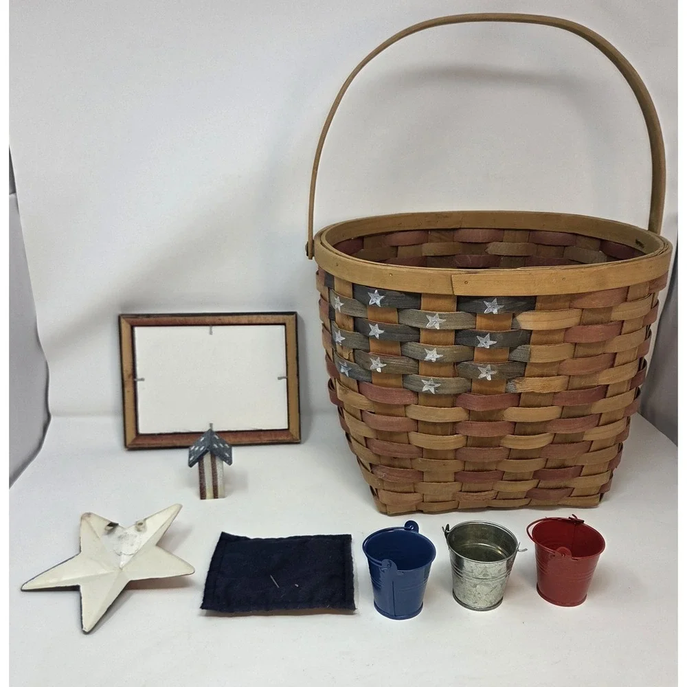 Primitive Americana Patriotic Decor Lot 7pc Basket Sign Birdhouse Star Pails